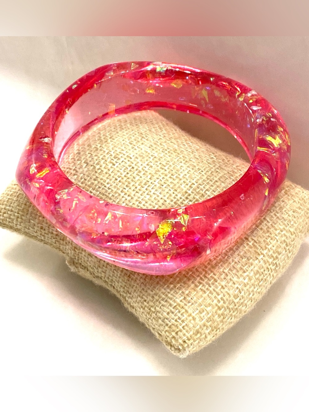 Chunky Hot Pink Resin Bangle Bracelet Wave Gold Foil Flake Glitter Lucite Y2K 